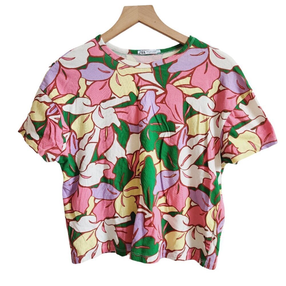 Zara Floral Tropical Multicolor Pin Green Cotton Boxy Crop T-shirt Sz. S